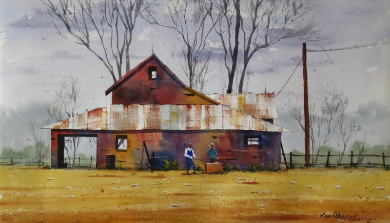 landscape, barn, farm, field, farmer, rural, original watercolor painting, oberst